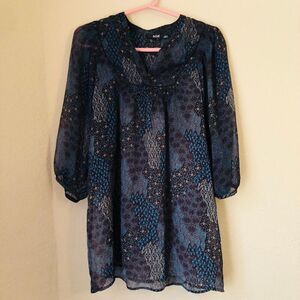 Ana A New Approach Sheer Top Womens Large 3/4 Puffy Sleeve Patchwork Style Moody